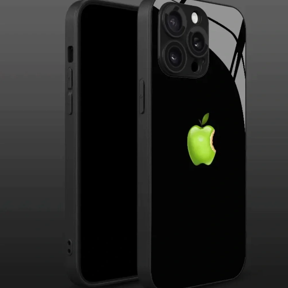 iPhone 14 Pro Max Glossy Tempered Glass Black Case with Green Bitten Apple